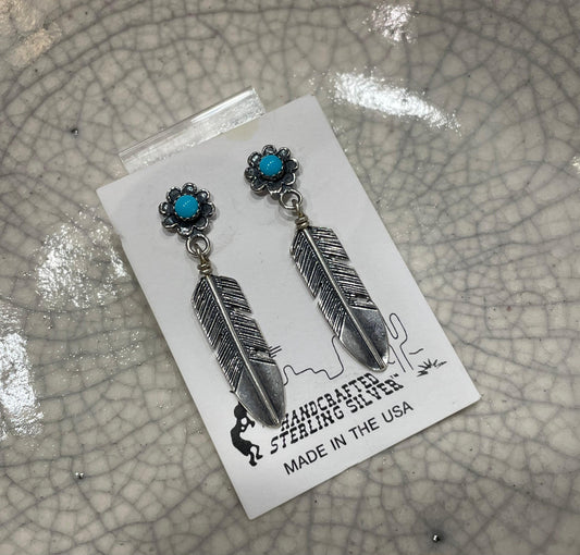 Silver Feather and Turquoise Flower Dangle Earrings