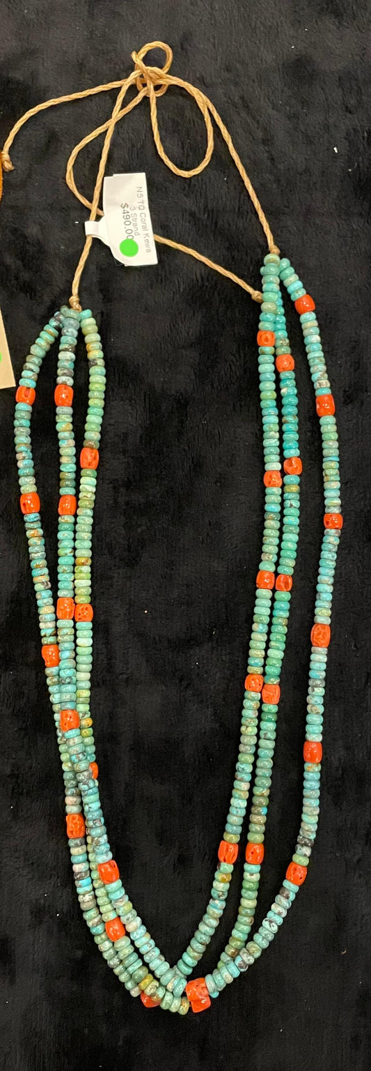 Turquoise and Coral Kewa 3 Strand Necklace