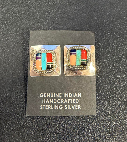 Multi Stone Square Post Earrings