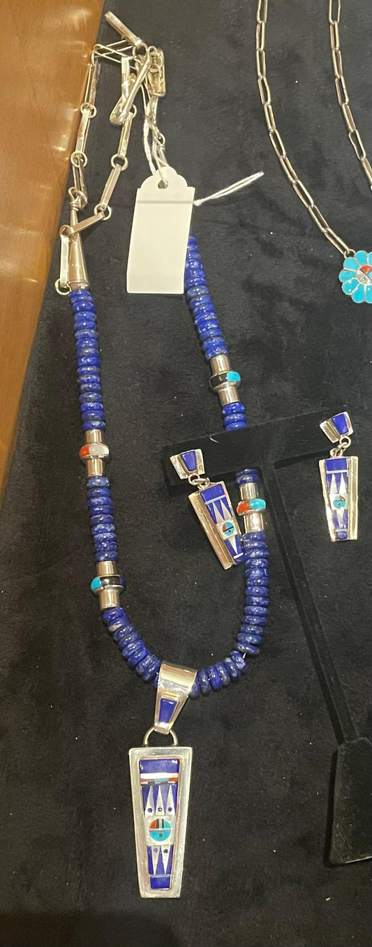 Zuni Lapis Beads Necklace and Earrings Set