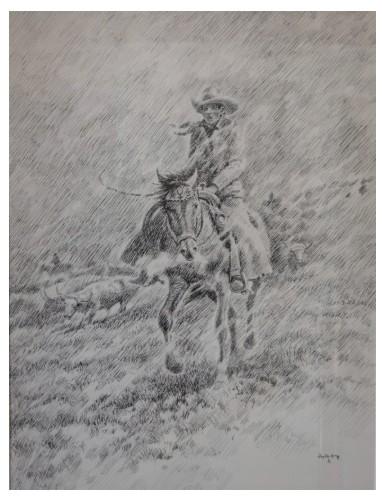 Cowboy with Herd in Storm by Joe DeYong