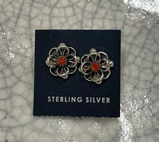 Coral and Silver Flower Earrings
